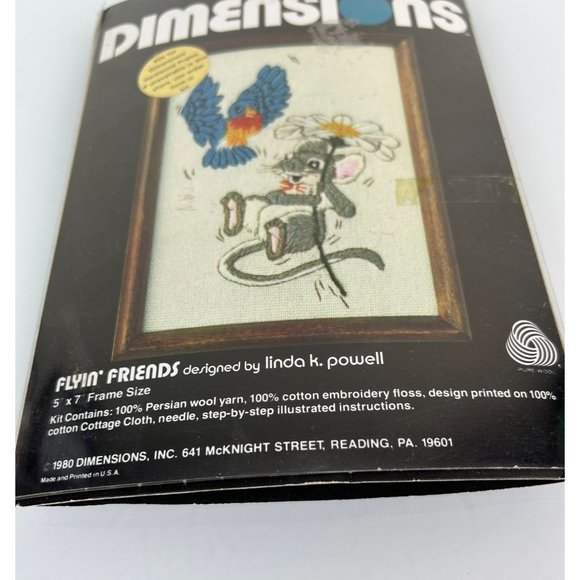 Vintage Dimensions Crewel 1980 Flyin' Friends Linda Powell 5x7 Mouse Bird Animal - Picture 4 of 12